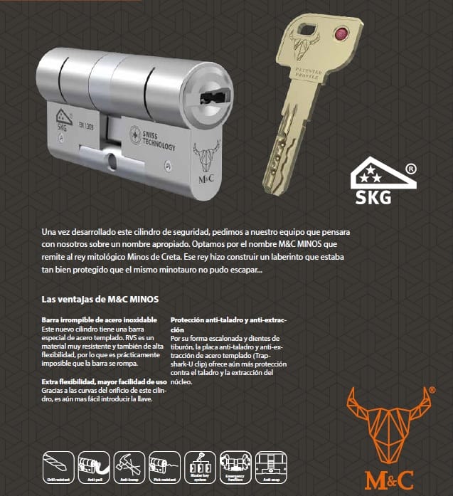 Cilindro de seguridad antibumping M&C MINOS con protección anti-taladro y anti-extracción