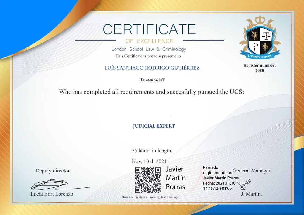 Título: Certificate of Excellence – Judicial Expert — London School Law & Criminology